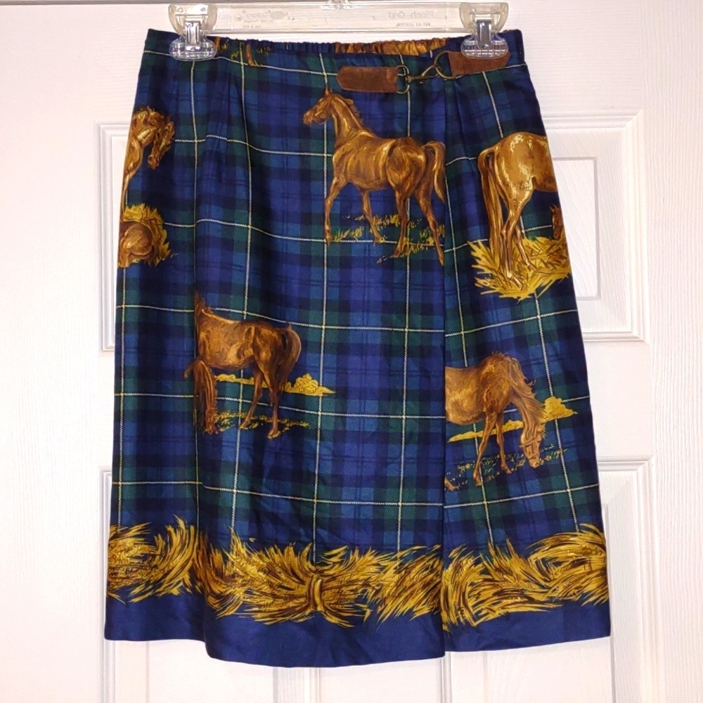 Vintage 90s Susan Bristol Equestrian Kilt Skirt Tartan Plaid Horses USA